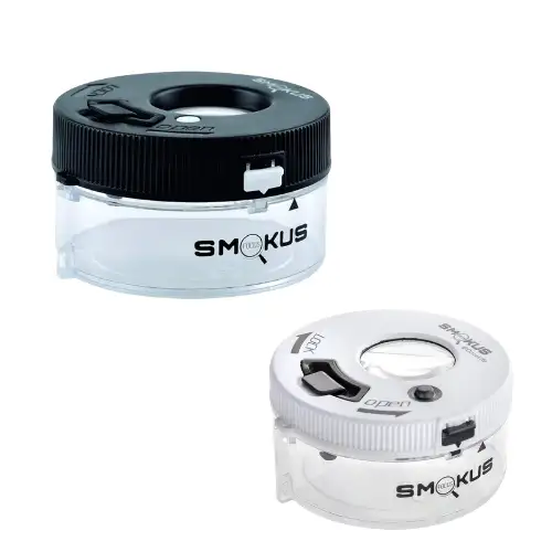 Smokus Focus Jetpack - pudełko z lupą i podświetleniem do przechowywania kwiatów i oglądania trychomów