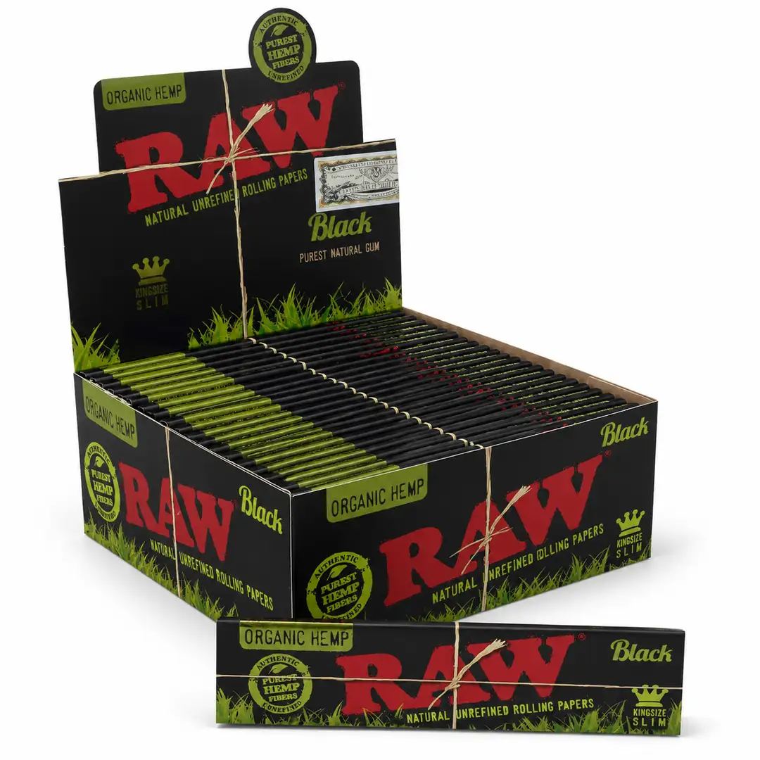 Bibułki RAW Black Organic Hemp King Size Slim – Ultra Cienkie Organiczne Bletki Konopne | 32 sztuki